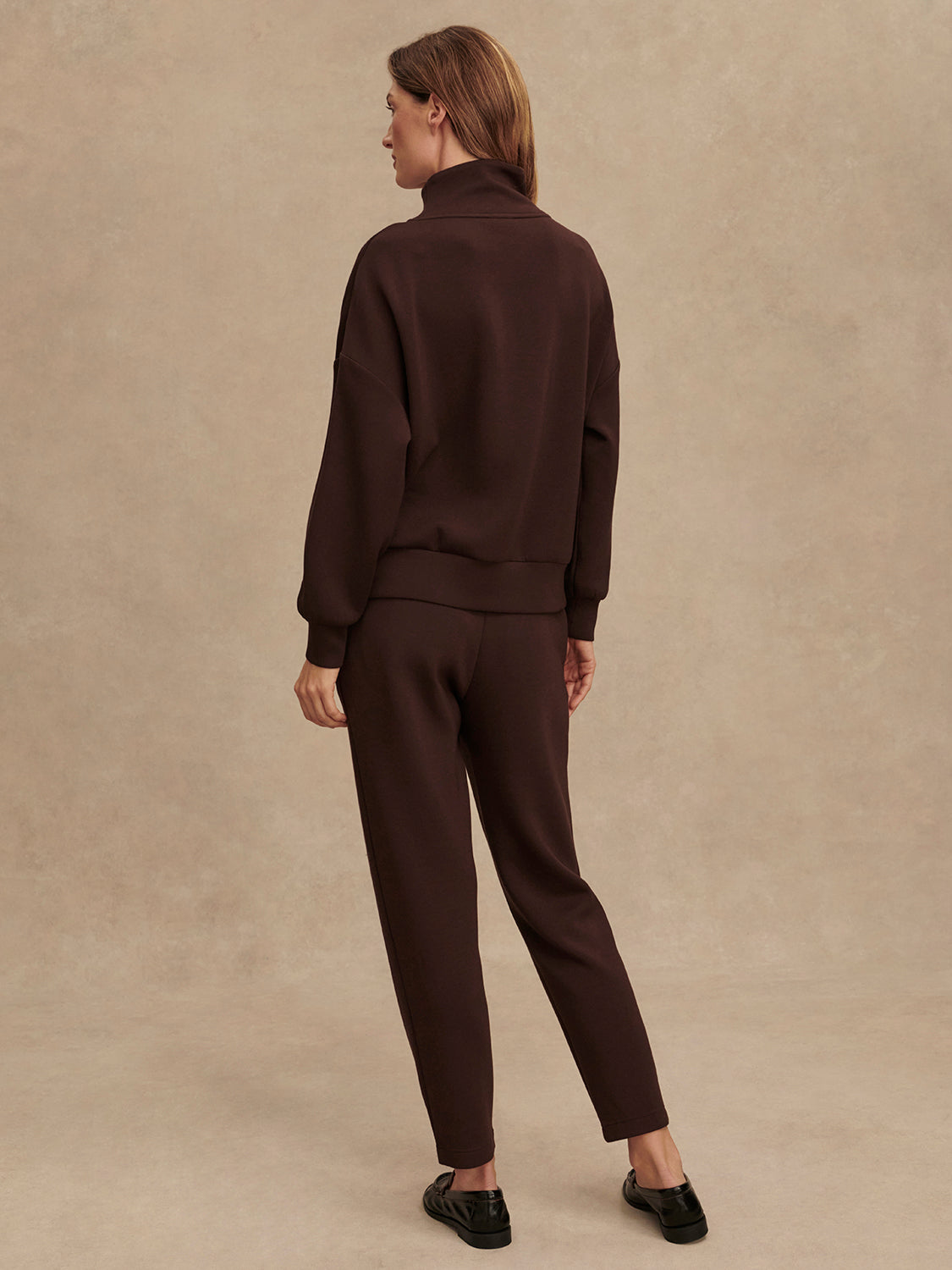 brown half zip high neck jumper with zip detailing rear view 