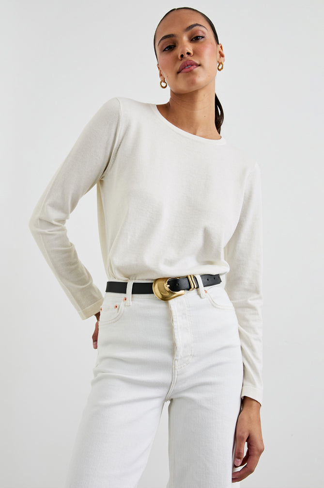 long sleeve round neck white cotton cashmere mix top