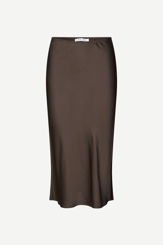 Short mid length satin slip skirt in chocolate brown from samsoe samsoe