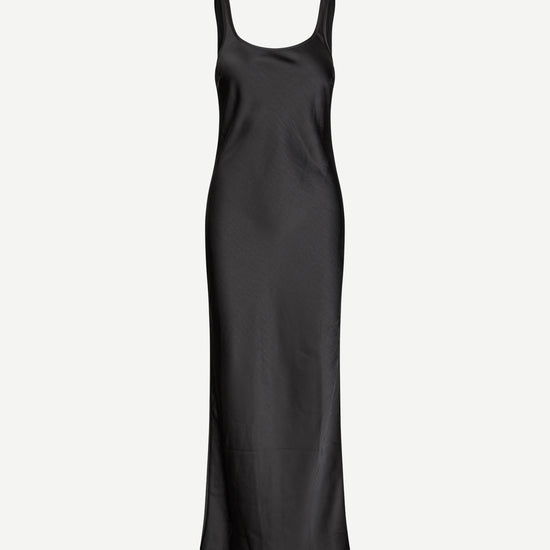 black slip dress with wide straps and figure hugging fit from samsoe samsoe