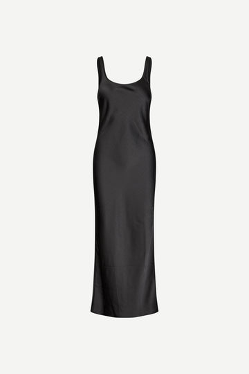 black slip dress with wide straps and figure hugging fit from samsoe samsoe