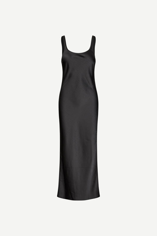 black slip dress with wide straps and figure hugging fit from samsoe samsoe