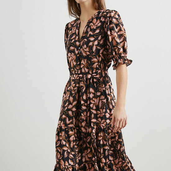 Model shot of floral print dress with short sleeves and tiered skirt