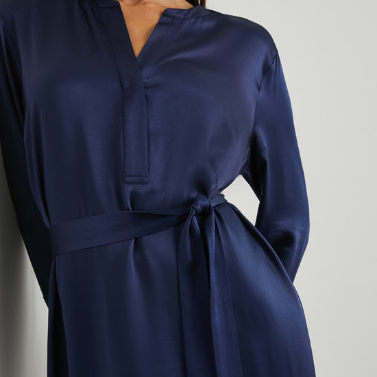 Navy straight satin dress with long sleeves