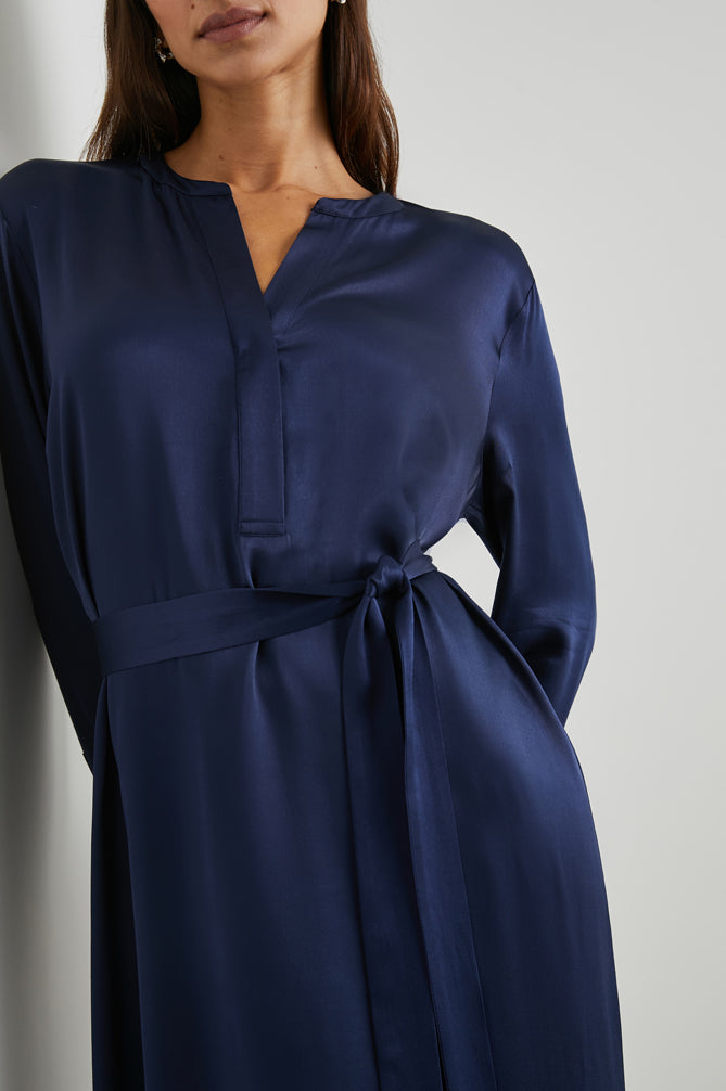 Navy straight satin dress with long sleeves