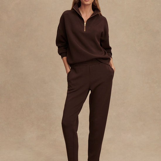 brown half zip high neck jumper with zip detailing model shot