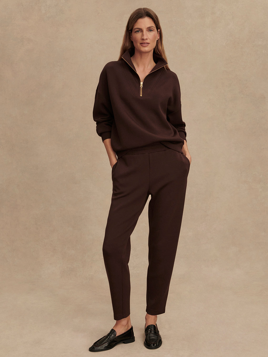 brown half zip high neck jumper with zip detailing model shot