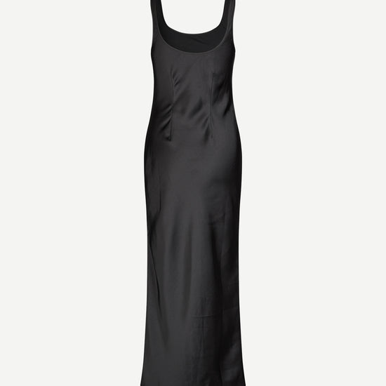 black slip dress with wide straps and figure hugging fit from samsoe samsoe rear view