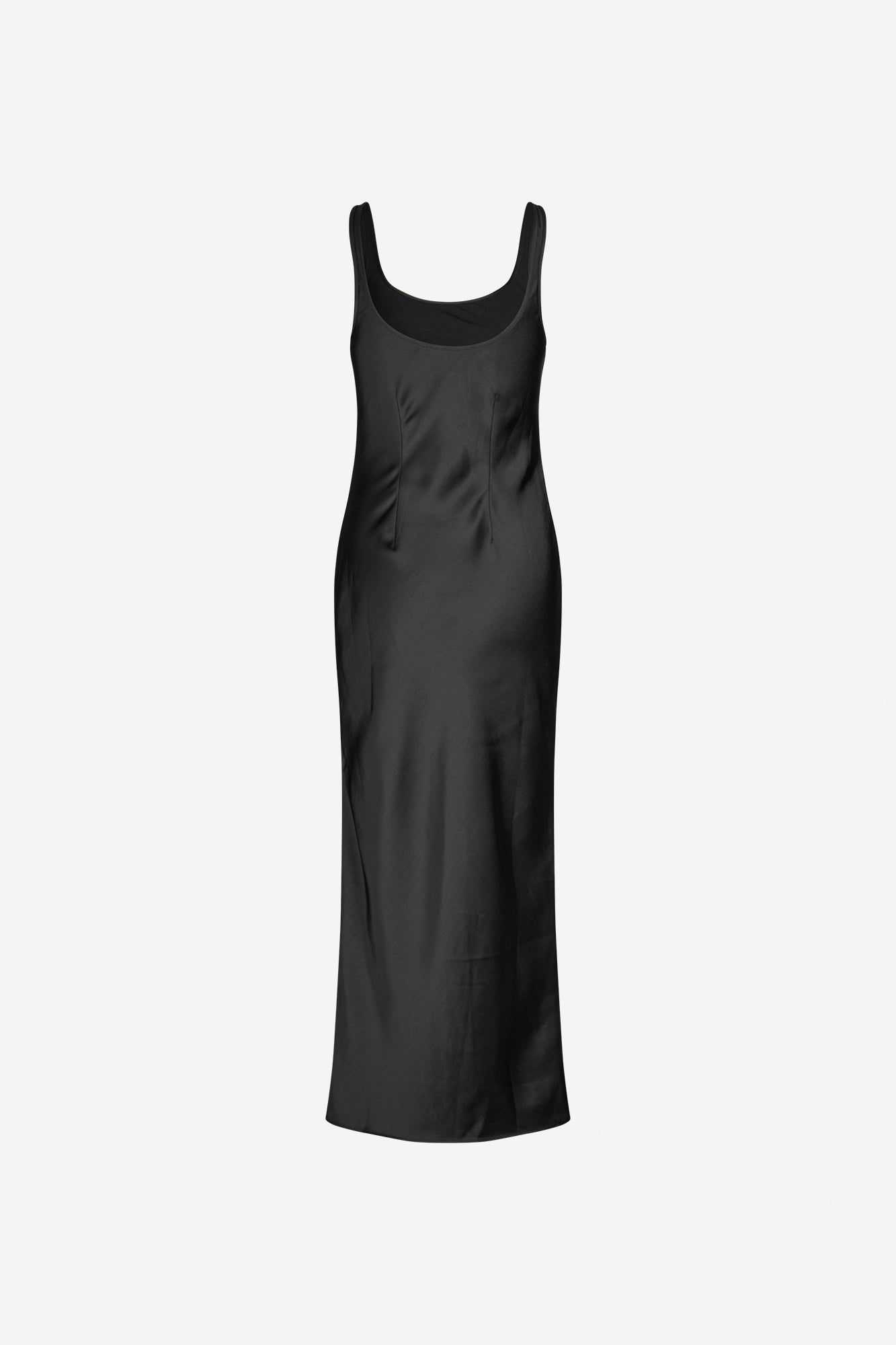 black slip dress with wide straps and figure hugging fit from samsoe samsoe rear view