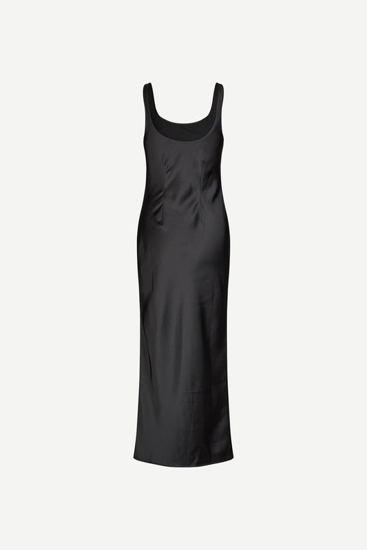 black slip dress with wide straps and figure hugging fit from samsoe samsoe rear view