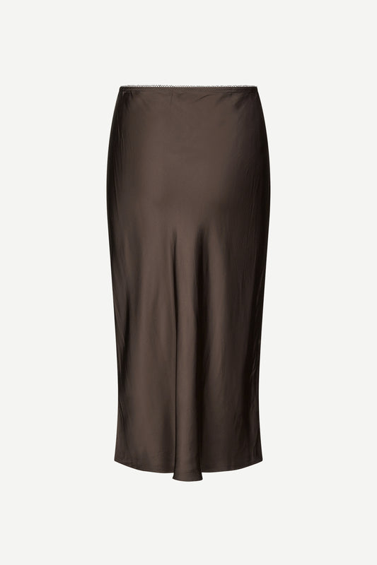 Short mid length satin slip skirt in chocolate brown from samsoe samsoe rear view