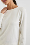 long sleeve round neck white cotton cashmere mix top close up