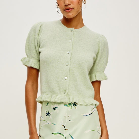 short sleeve ruffle top light green cardigan from rails model