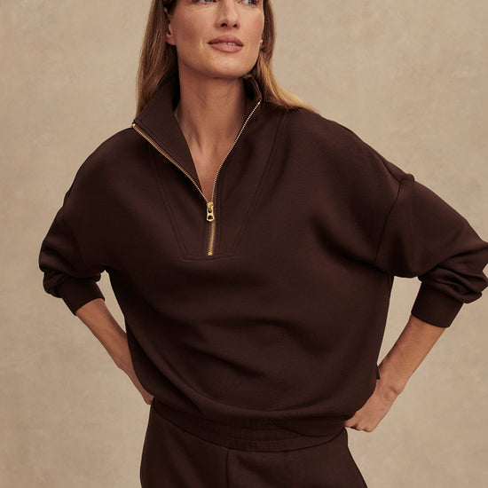 brown half zip high neck jumper with zip detailing model shot