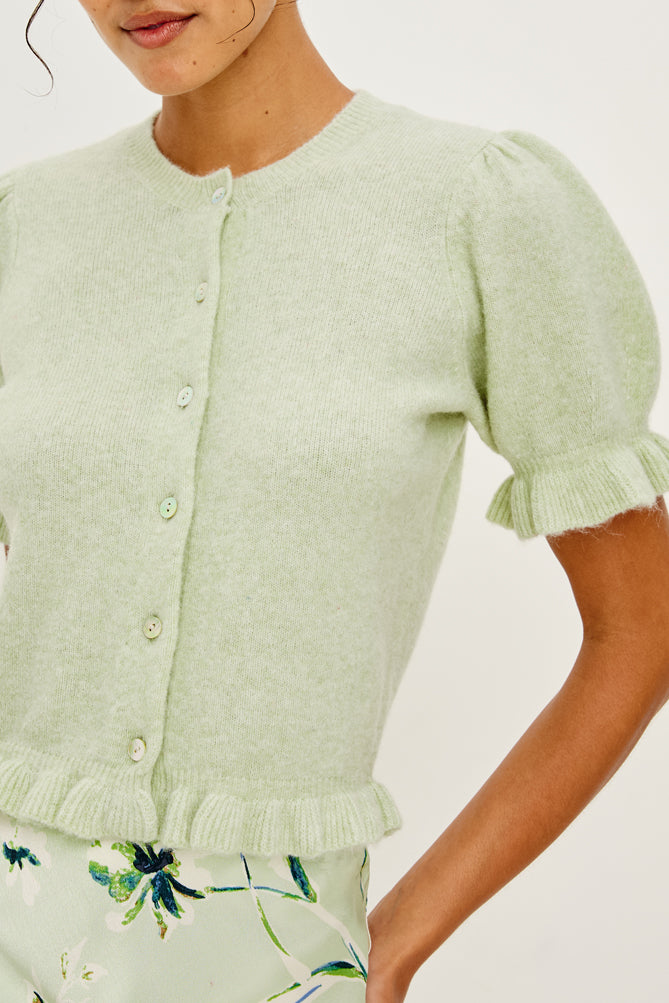 short sleeve ruffle top light green cardigan from rails close up