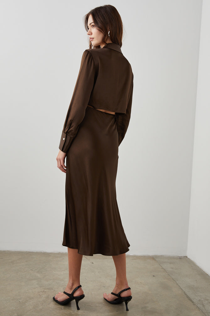 Open back shirt dress in dark chocolate satin fabric with slip skirt and side split