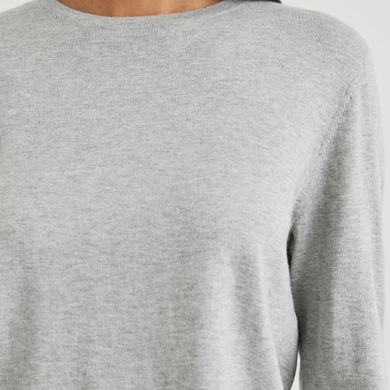 grey long sleeve cashmere mix op with round neck close up