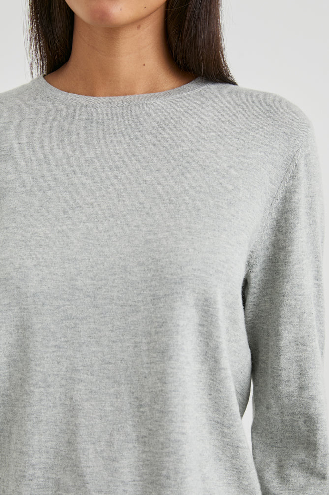 grey long sleeve cashmere mix op with round neck close up