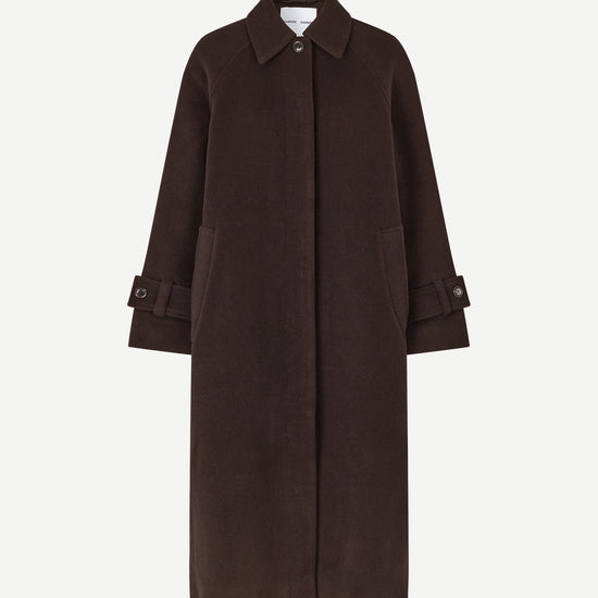 Longline wool coat in chocolate brown with a collar