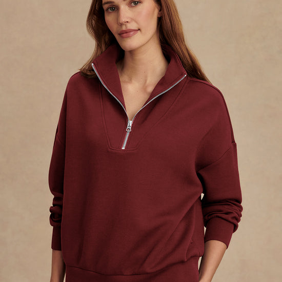 maroon high neck quarter zip jumper with zip detailing and relaxed fit