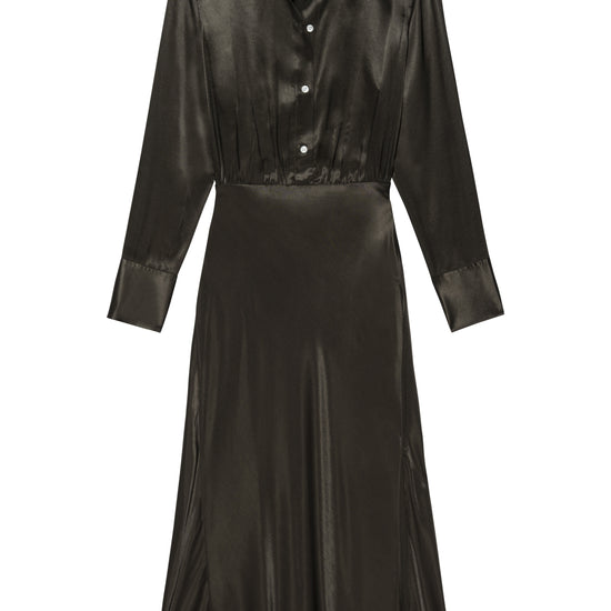 Open back shirt dress in dark chocolate satin fabric with slip skirt and side split