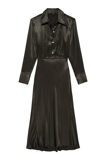 Open back shirt dress in dark chocolate satin fabric with slip skirt and side split