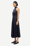navy blue halterneck dress with open back and tie detail from samsoe samsoe side view