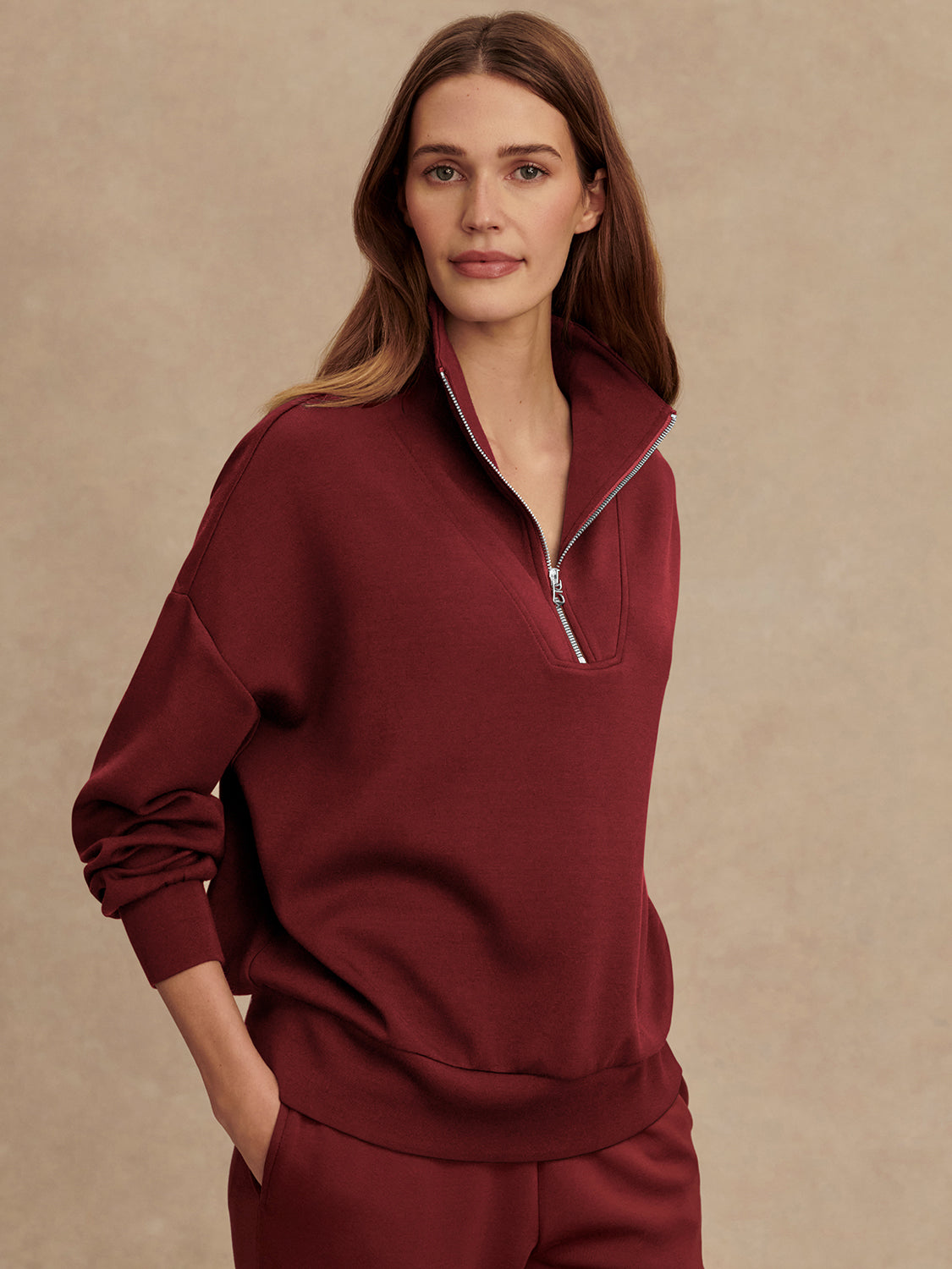 maroon high neck quarter zip jumper with zip detailing and relaxed fit side view 