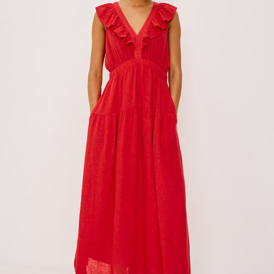 v neck sleeveless ruffle neck red maxi dress from rails model 