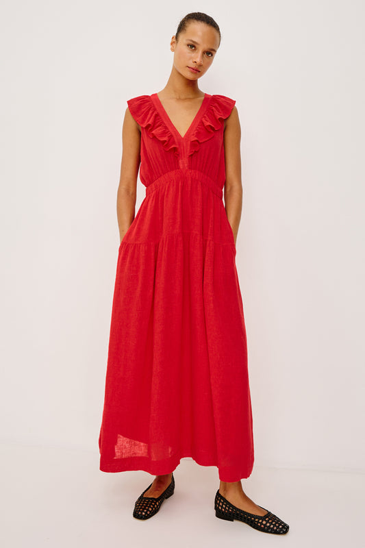 v neck sleeveless ruffle neck red maxi dress from rails model 