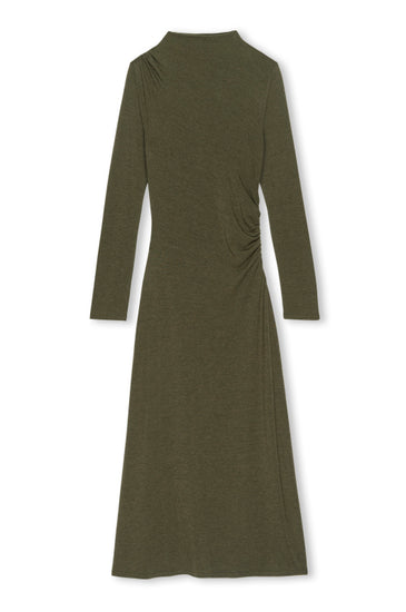 dark green bodycon dress with rouche waist and shoulder with long sleeves and round neck 