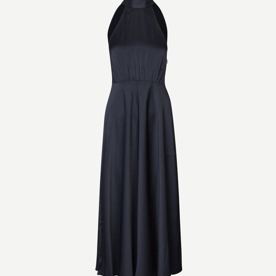 navy blue halterneck dress with open back and tie detail from samsoe samsoe