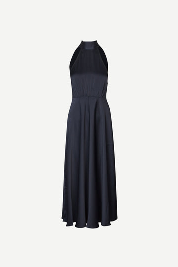 navy blue halterneck dress with open back and tie detail from samsoe samsoe