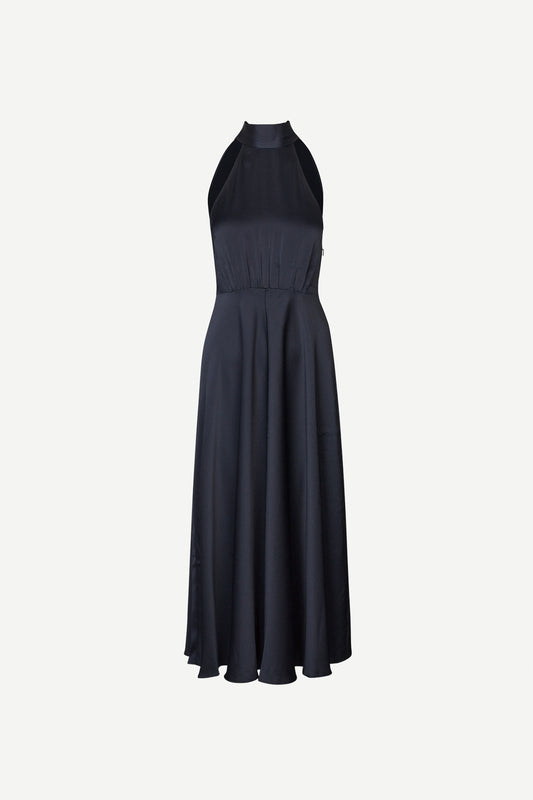 navy blue halterneck dress with open back and tie detail from samsoe samsoe