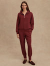 maroon high neck quarter zip jumper with zip detailing and relaxed fit model shot
