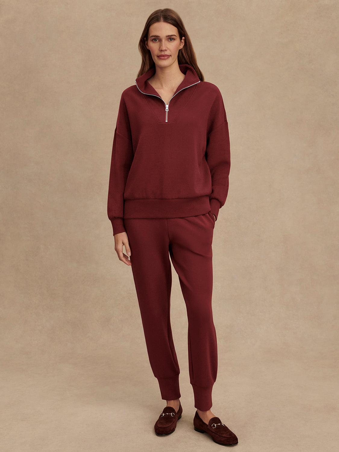 maroon high neck quarter zip jumper with zip detailing and relaxed fit model shot