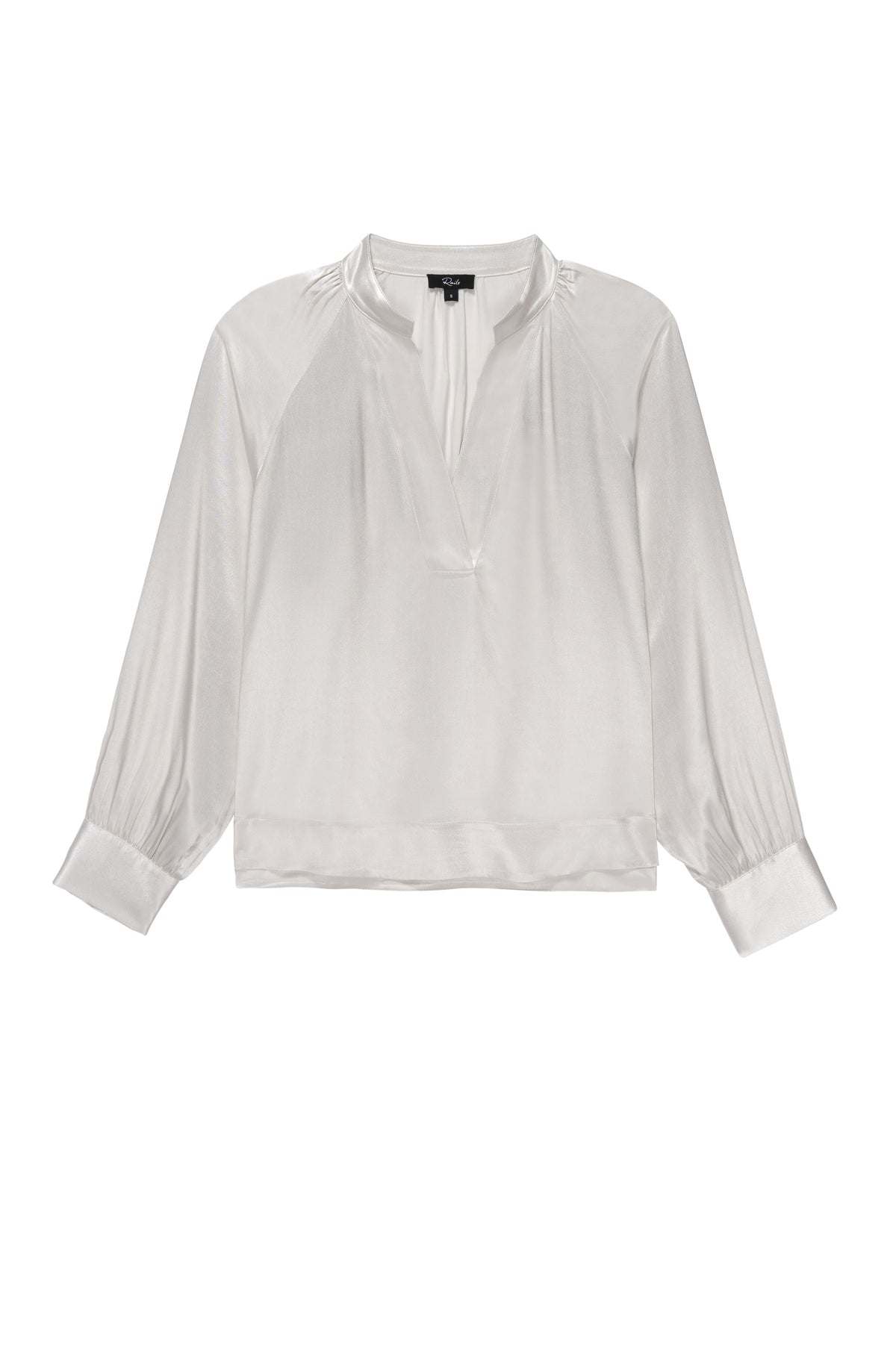 Oyster white notch neck raglan long sleeved satin blouse