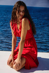 v neck sleeveless ruffle neck red maxi dress from rails model