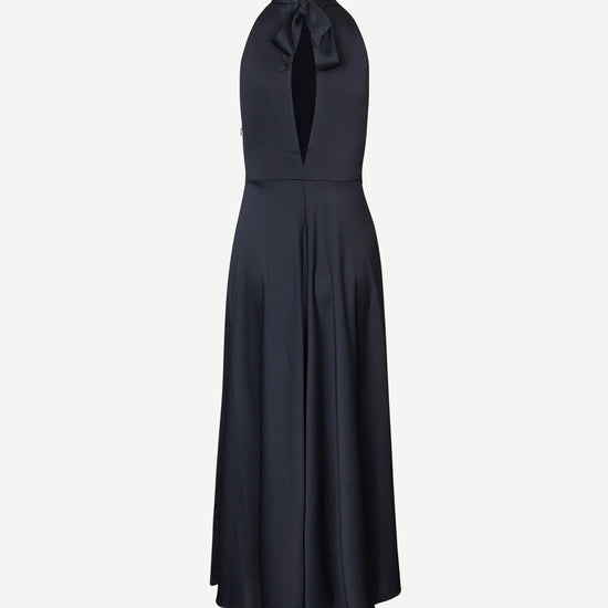 navy blue halterneck dress with open back and tie detail from samsoe samsoe rear view
