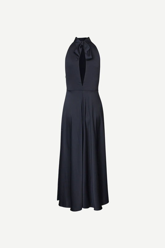 navy blue halterneck dress with open back and tie detail from samsoe samsoe rear view