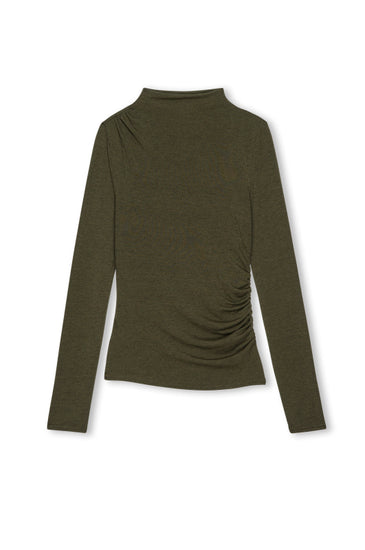round neck body con green top with rouche detailing