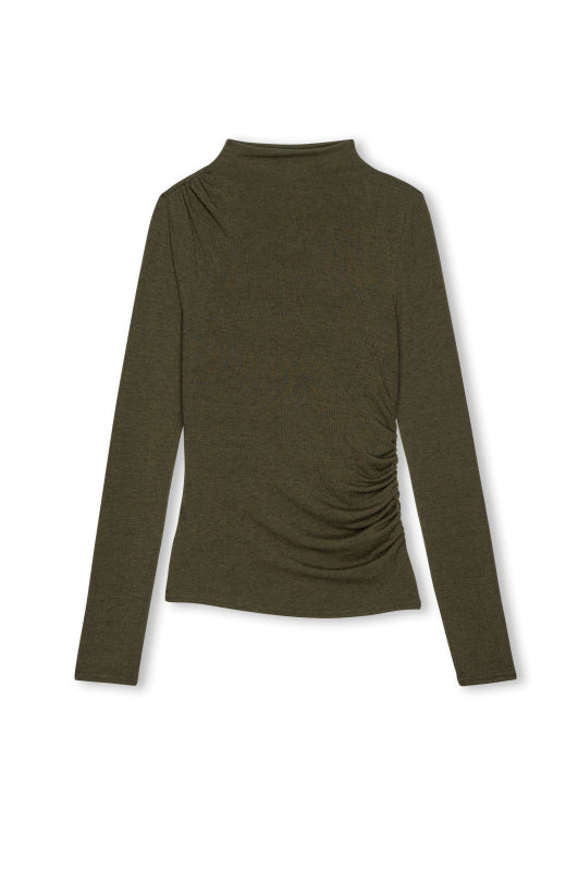 round neck body con green top with rouche detailing
