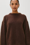 chocolate brown round neck relaxed fit cashmere mix jumper with rib detailing