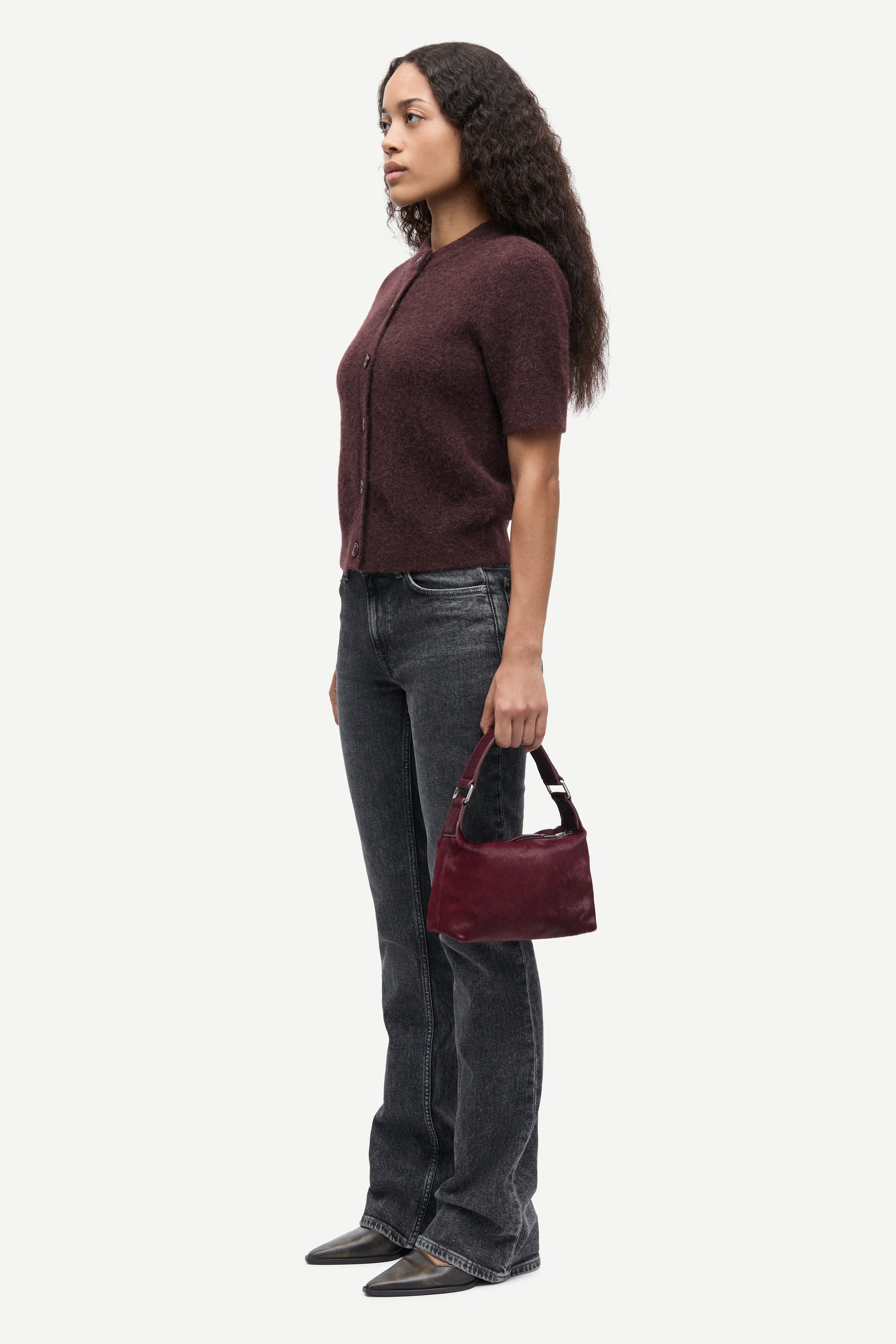 short sleeve dark burgundy wool mix cardigan with burgundy buttons from samsoe samsoe side view