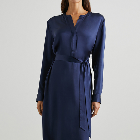 Navy straight satin dress with long sleeves