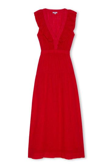 v neck sleeveless ruffle neck red maxi dress from rails