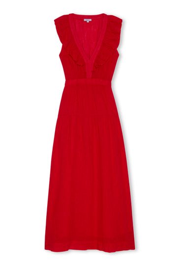 v neck sleeveless ruffle neck red maxi dress from rails