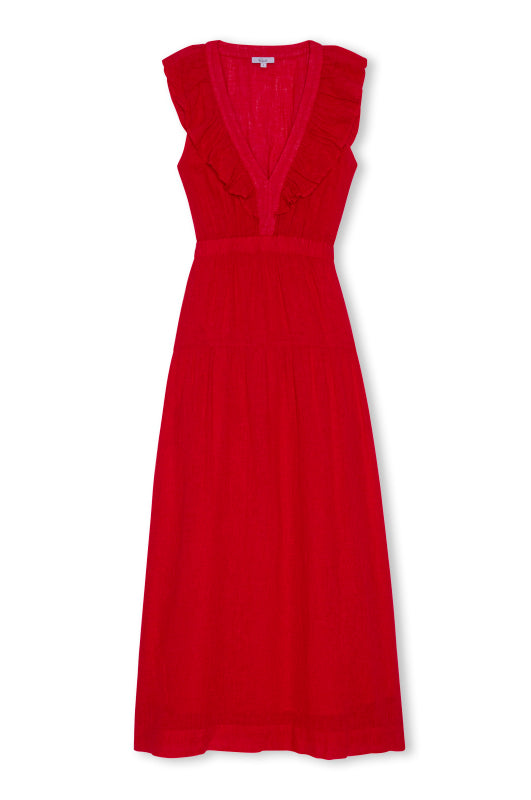 v neck sleeveless ruffle neck red maxi dress from rails