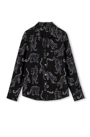 Black silk shirt with white jaguar print all over with classic shirt detailing