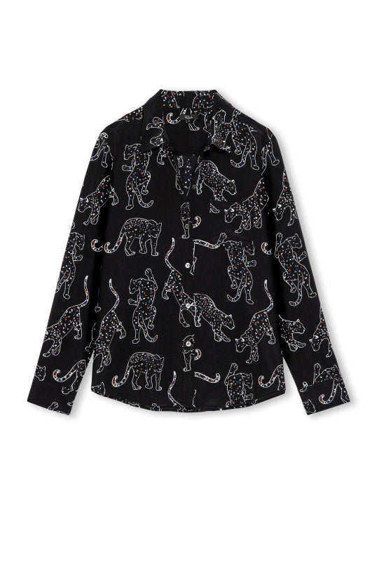 Black silk shirt with white jaguar print all over with classic shirt detailing